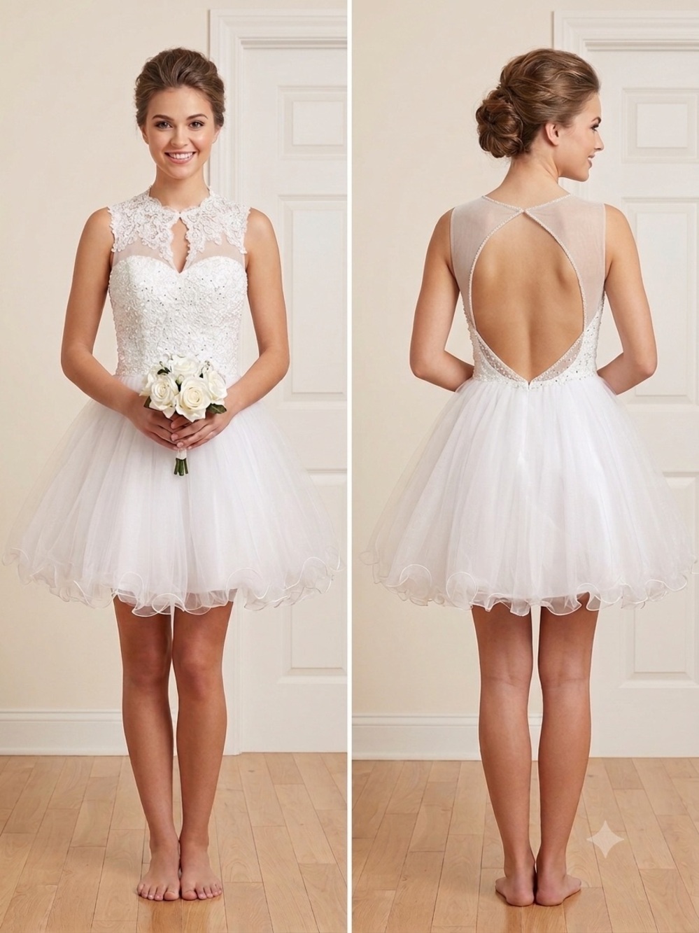 White Lace Appliqué Open-Back Mini Dress